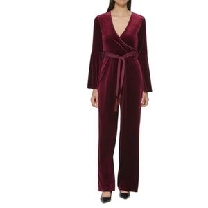 Burgundy Velvet Wrap-Front Jumpsuit by Calvin Klein